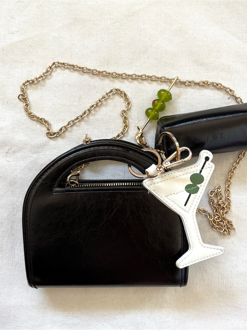 Black Leather Crossbody Bag with Martini Charm